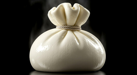 Sack-Shaped Cheese Tied with Rope on Black Background