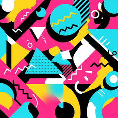 Fototapeta premium Vibrant geometric composition featuring triangles circles and zigzags in various colors and patterns