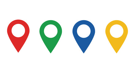 Colorful map pin icons in red green blue and yellow on white background