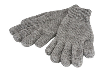 Gray knitted handmade gloves isolated on white background. Top view of gray gloves. Knitting.