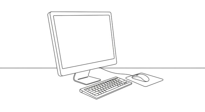 Line drawing of a computer setup with monitor, keyboard, and mouse on a desk.