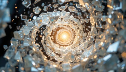 Abstract tunnel of shimmering crystal shards with glowing center, perfect for futuristic, sci-fi, or spiritual concepts