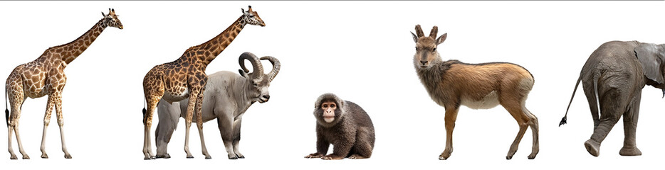 A recovery of animals including a giraffe a mountain goat with horns and a monkey on a white background A set collection of wild animals such as a bighorn she
