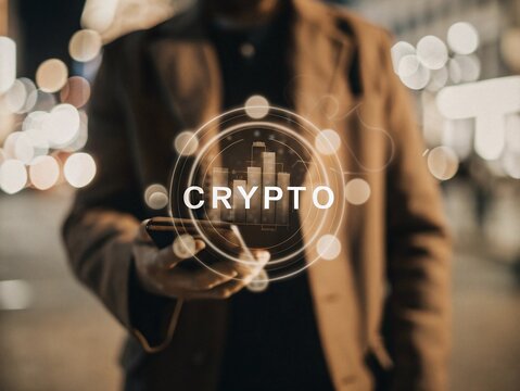 Hands Holding a Phone with Crypto Icon on Screen, Digital Currency Technology