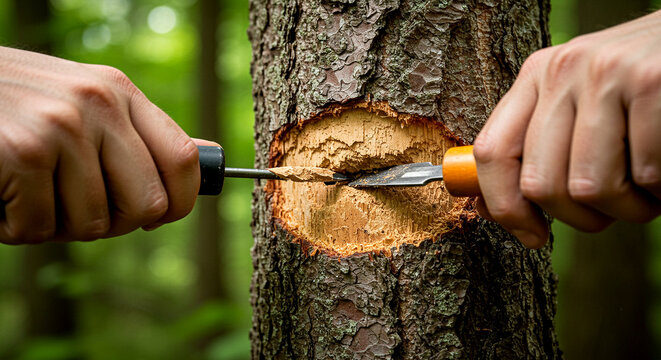 Carving Tree Trunk with Chisels in Forest Setting