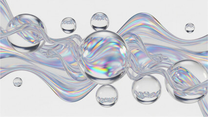 Iridescent fluid wave with transparent spheres floating in a clean white background scene display render