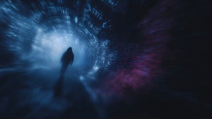 Hacker navigating through a digital tunnel with holographic code streams