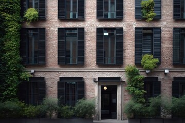 A stylish brick building adorned with lush green plants and sleek black shutters stands out, exemplifying modern architecture in a vibrant urban landscape during daylight hours