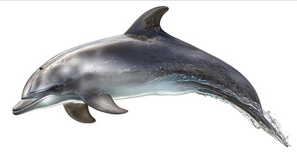 Beautiful realistic fullbody dolphin jumping out of the water against a white background A hyperrealistic photograph with high detail and focus on the eyes De