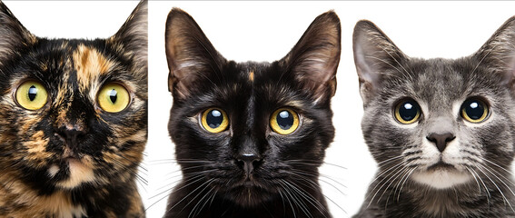 Closeup portrait of three different cats isolated on a white background a black and brown calico Bengal cat with yellow eyes a black shorthaired tabby cat and