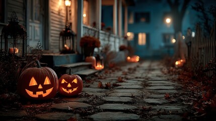 Fototapeta premium Jack O' Lantern eyes glowing in the dark with Halloween decorations