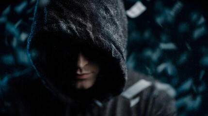 Hooded figure surrounded by floating digital data symbolizing a cybersecurity breach