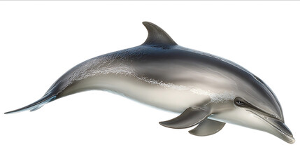Beautiful realistic dolphin in the side view swimming through the air isolated against a white background Highresolution photography