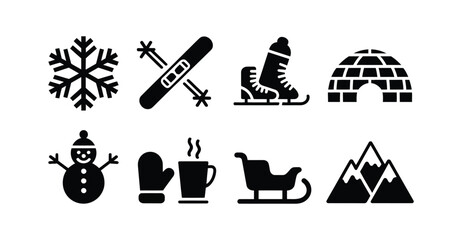 Winter icon set featuring snowflake, skis, ice skate, igloo, snowman, mitten with cup, sled, and mountain peaks in silhouette style