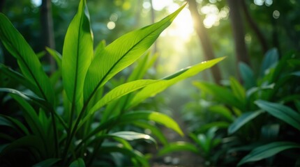 Obraz premium Walking through a lush jungle, with vivid green leaves in focus and sunlight filtering through the soft, blurred canopy in the background.