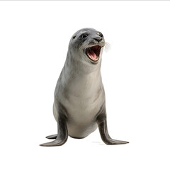 ViewModel FAN Number A happy seal standing on its hind legs and looking at the camera with an open mouth The animal is gray in color and has smooth skin It st