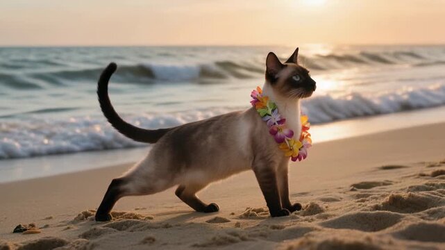 Siamese cat with lei on a beach at sunset