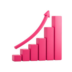 Pink 3d bar chart with upward trending arrow showing growth and success isolated on transparent background