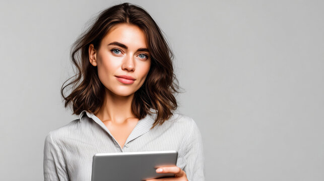 Confident young woman with wavy brunette hair holding a tablet, standing against a neutral grey background - Powered by Adobe
