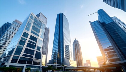 Fototapeta premium Low-angle view of glass skyscrapers against a bright blue sky at golden hour