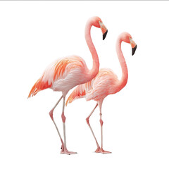 Fototapeta premium Two pink flamingos standing on a white background full body realistic photography