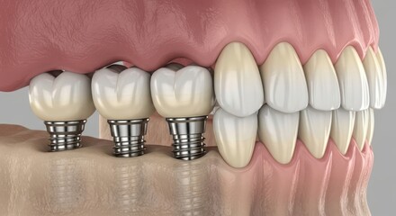 Detailed dental implant model showing surgical placement and natural tooth crowns for advanced oral healthcare