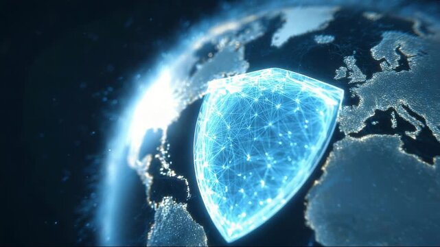 Digital shield protecting global network in vibrant blue tones  