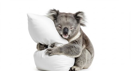 Fototapeta premium Kuscheliger Koala schlummert sanft Kissen umarmt weichem Licht. AI Generated