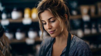 Obraz premium Female shop owner organizing products on a shelf