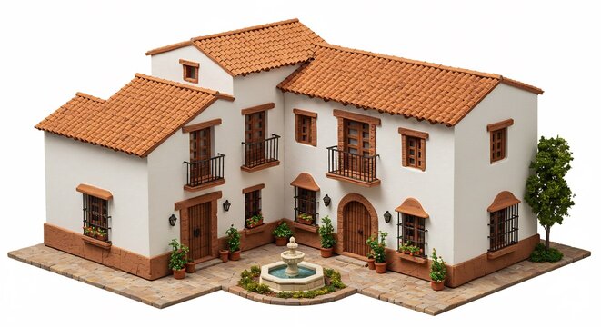 Sonniger Innenhof zeigt detailreiches Modellhaus mit Terrakotta Dach. AI Generated