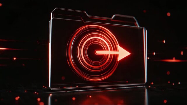Red glowing folder icon with arrow on dark background  
