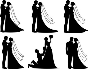 Romantic Wedding Couple Silhouettes &ndash; Love and Proposal Vector Set