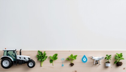 _Flat lay of agricultural icons- tractor, crop, irrigation drop, drone, seedling arran.
