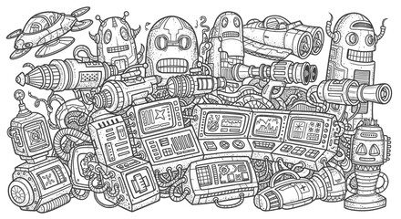 Futuristic Robots and Mechanical Gadgets Collection, Sci-Fi Technology, Coloring Page, Isolated White Background