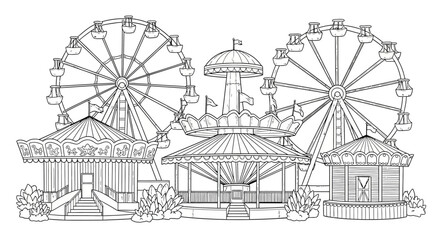 Large Amusement Park with Ferris Wheels and Attractions, Coloring Page, Isolated White Background