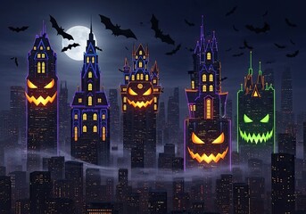Photo of halloween cityscape with spooky skyscrapers and bats flying in the night sky under a full moon, creating a festive and eerie atmosphere