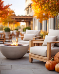 Cozy patio with modern wooden chairs and a round fire pit surrounded by autumn trees and festive pumpkins