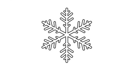 A detailed black and white outline illustration of a single snowflake with six symmetrical points.