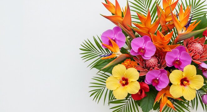 Leuchtender Blumenstrauss strahlt tropische Farben aus helles Licht hervor. AI Generated