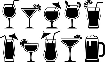 Cocktail and Drink Silhouettes – Black and White Vector Set