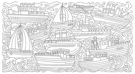 Fototapeta premium Detailed Collection of Boats and Ships on Wavy Water, Isolated White Background, Nautical Outline Coloring Page