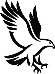 Stylized black eagle in flight on white background, Flying eagle silhouette bold bird design