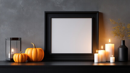 Black frame on a dark wall with two pumpkins, white candles, and a black vase with dry branches placed on a black table top