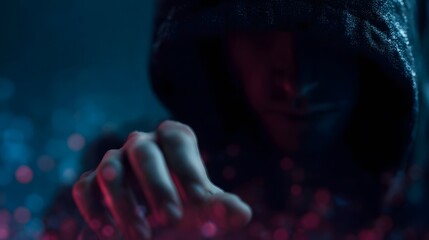 Hooded hacker interacts with futuristic hologram interface