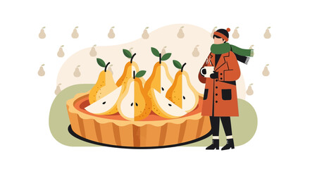 Obraz premium Autumn Delight Featuring Pear Tart And Warm Beverage In A Stylish Winter Scene