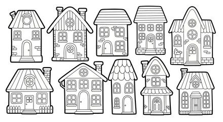 Collection of Diverse Houses and Buildings in Outline Drawing Style for a Neighborhood Scene on an Isolated White Background