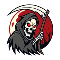Grim Reaper with Scythe and Red Moon Vector Illustration for Halloween