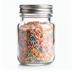 Assorted colorful sprinkles overflowing in a clear glass jar container on white background