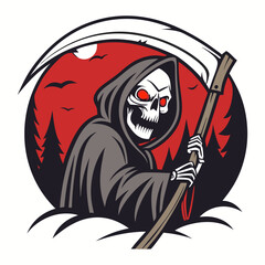 Grim Reaper with Scythe and Red Moon Vector Illustration for Halloween