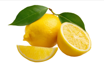 Realistic photo of a yellow lemon with a green leaf and two slices isolated on a white background with high detail and studio lighting